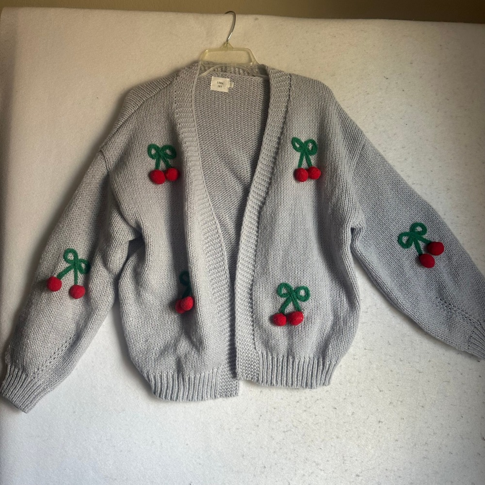 Luna Ivy Grey Cherry Pom Pom Cardigan Sweater CC0635 Grey Size Medium